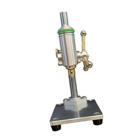 Mini Bench Drill Press With Solid Aluminum Alloy Body, Brass Spindle For Jewelry Metal Wood Crafting, front view with clamp support.