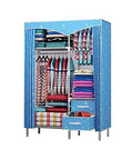 Solid Portable Bedroom Closet With Willow Wood Frame And Thick Non Woven Fabric Storage Organizer For Hanging Clothes And Quilts, blue design with colorful garments.
