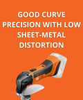 Cordless Sheet Metal Shears for distortion-free cutting up to 16 gauge, featuring Ampshare and Bosch 18V battery compatibility.