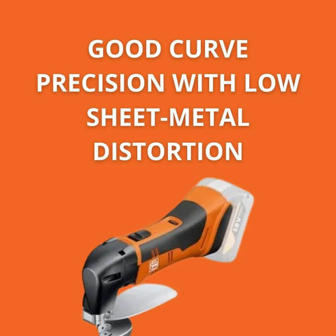 Cordless Sheet Metal Shears for distortion-free cutting up to 16 gauge, featuring Ampshare and Bosch 18V battery compatibility.