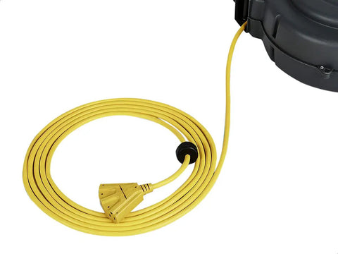 Beefy Heavy Duty Retractable Extension Cord Reel, 65 Foot 12 AWG SJT Cable with triple tap outlet and swivel bracket mount