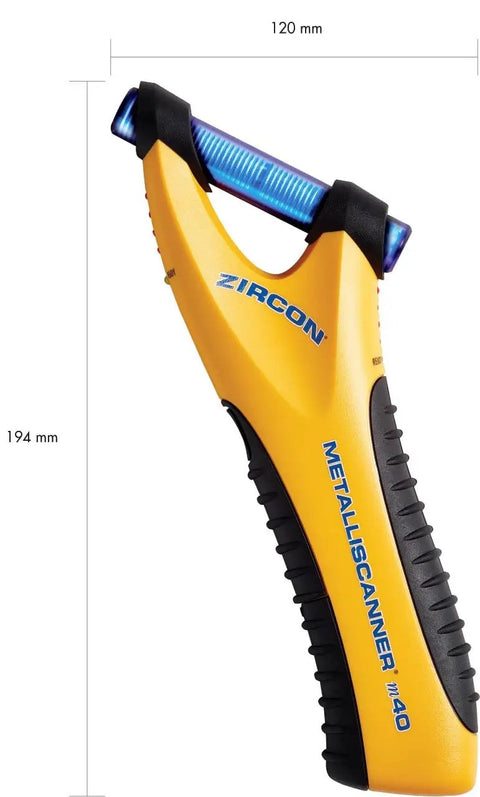 MetalliScanner M40 Handheld Electronic Metal Detector for drywall concrete, yellow with dual detection feature, 194x120mm.