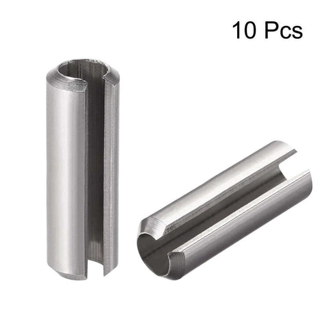 Slotted Spring Pin M8 X 50mm 304 Stainless Steel Split Roll Dowel Pin Tension Pin Plain Finish Built Tough For Precision Positioning Corrosion Resistant Durable Axial Slotted Ends Chamfered Pack Of 10, shown front and side view.