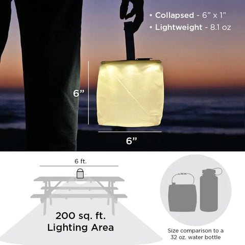 Two In One Solar Camping Lantern And Phone Charger Inflatable LED Light shown glowing at dusk, 6-inch size, lighting area example.