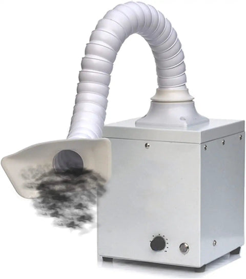 Heavy Duty Welding Fume Extractor With Killer Suction And Three Layer Filtration For Clean Air During Soldering Jobs Low Noise Design, white hose and box.