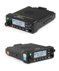 MD9600 GPS DMR Dual Band 50 Watt Mobile Radio with encryption and GPS, shown in two angles, black transceiver for vehicles