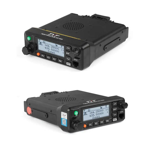 MD9600 GPS DMR Dual Band 50 Watt Mobile Radio with encryption and GPS, shown in two angles, black transceiver for vehicles