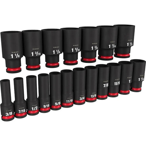 Must Have 19Pc Deep Impact Socket Set With 6 Point SAE Sizes For Milwaukee Driver Tool, 3/8-1 1/2 inch black steel sockets