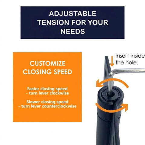 Self Closing Spring Loaded Hinges With Adjustable Tension For 4 Inch Doors Ideal For Garage Front And Back Doors Hands Free Closer Hinge Left Or Right Hand Black 3 Pack, demonstrating adjustable tension mechanism.