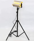 JUDYSSY Led Floodlight 50W 3600Lm Led Outdoor Floodlight on a tripod with a yellow casing and black stand.