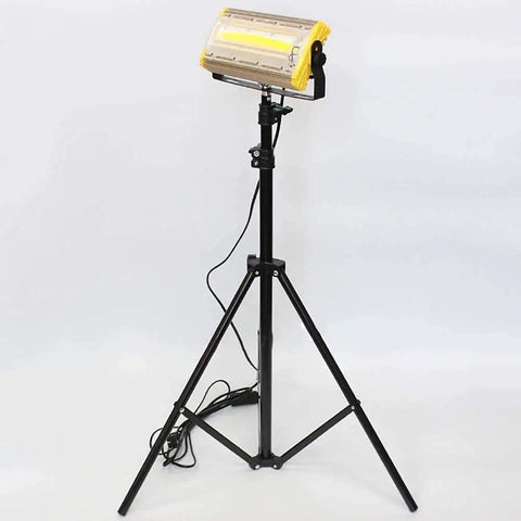 JUDYSSY Led Floodlight 50W 3600Lm Led Outdoor Floodlight on a tripod with a yellow casing and black stand.