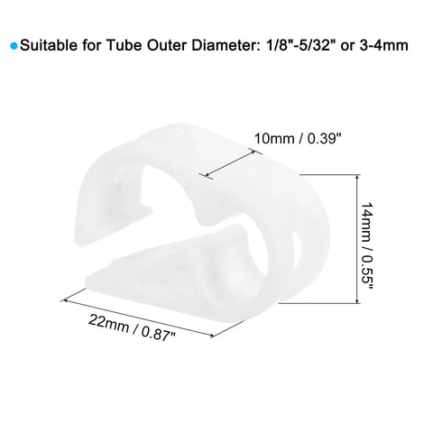 Adjustable Plastic Tubing Clamps Set, 10 pcs for 1/8 to 5/32 inch tube outer diameter with dimensions and material specs