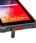 Tough As Nails 10.1 Inch Rugged Tablet Running Android 13 with IP67 Waterproof Shield, showing USB port and screen.