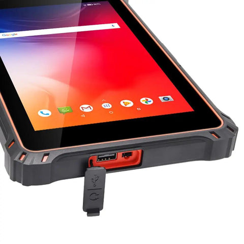 Tough As Nails 10.1 Inch Rugged Tablet Running Android 13 with IP67 Waterproof Shield, showing USB port and screen.