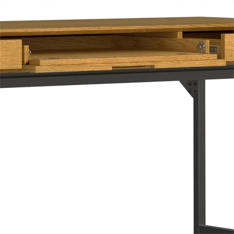Close-up of the oak veneer desk with graphite gray metal frame, showing drawers from the Oak Veneer Desk And 66 Inch Bookcase Set.