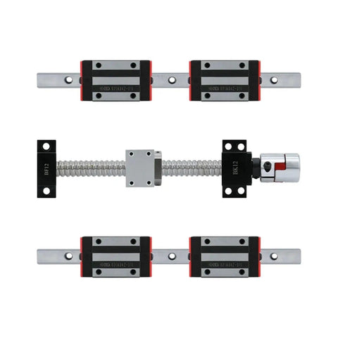 Square Linear Guide Set With SFU1605 Ballscrew, BK BF12 Coupling, Nut Housing 16, Travel Range 20mm To 100mm, Precision Motion Kit For CNC Machines And DIY Rigs, Solid Easy Upgrade For Smooth Repeatable Linear Motion, shown with linear rail blocks and ballscrew