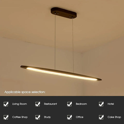 51 Inch Walnut Wood Linear Pendant Light For Kitchen Island And Dining Room Featuring Smooth Modern Lines And Straight Up Gorgeous Illumination To Level Up Your Home Decor Vibes Right Now, hanging from a ceiling mount.