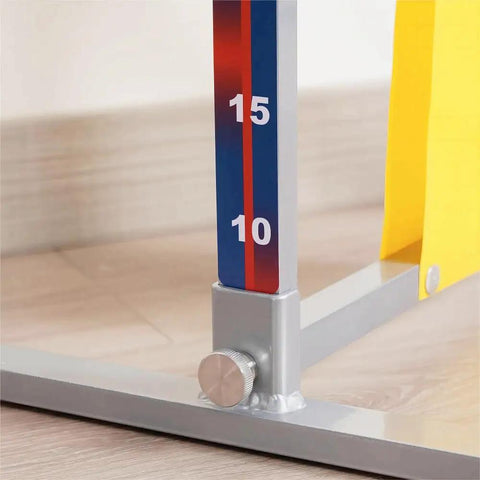 Close-up of height adjustment on Adjustable Dog Agility Training Kit With Foldable Aluminum Obstacle Course, from 15cm to 65cm.