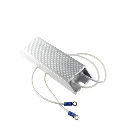 RXLG 100W50R aluminum-cased fixed resistor with white leads and ring terminals