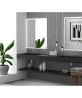 Top Shelf 84 Inch Wall Mounted Bathroom Sink In Matte Black Manmade Stone Basin with dual faucet setup and modern decor.