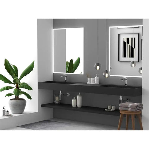 Top Shelf 84 Inch Wall Mounted Bathroom Sink In Matte Black Manmade Stone Basin with dual faucet setup and modern decor.