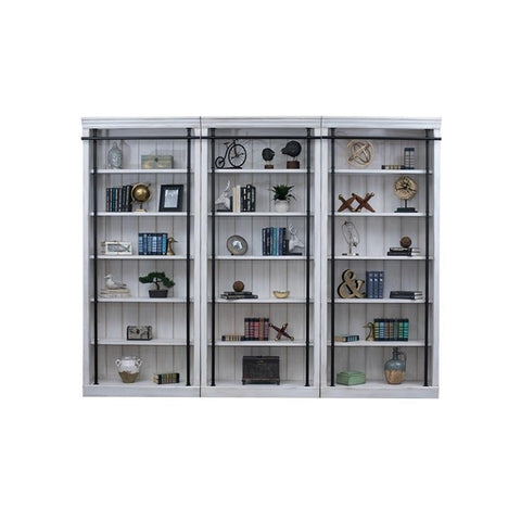 Heavy Duty 8 Ft Tall Wood Bookcase With Distressed White Oak Finish And Slick Industrial Steel Frame comes with decorative items and books.
