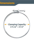 4 Inch Double Wire Hose Clamps 5 Pack Adjustable Worm Gear Pipe Clamp dimensions showing clamping capacity 3 11/16" to 4 3/8".