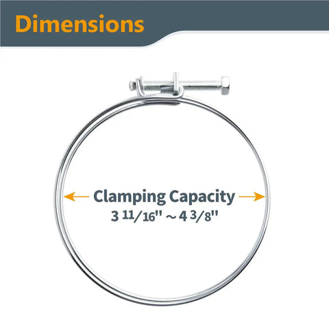 4 Inch Double Wire Hose Clamps 5 Pack Adjustable Worm Gear Pipe Clamp dimensions showing clamping capacity 3 11/16" to 4 3/8".