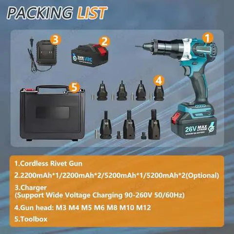 Packing list for 26V Cordless Rivet Gun Kit With Brushless Motor And Built In Led Light Portable M3 To M12 Rivet Nut Installer.