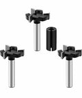 CNC Spoilboard Surfacing Router Bit Set One Quarter Inch Shank One Inch Cutting Diameter Beefy Four Pack With Three Wing Planer Bits And One Router Collet For Slab Flattening And Wood Surface Planing, shown from a front perspective