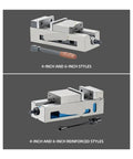 4-Inch Heavy Duty Flat Vise For Milling Machine With Integrated Fixed Corner And Smooth Finished Surface, shown in 4-inch and 6-inch styles.