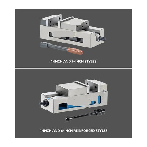 4-Inch Heavy Duty Flat Vise For Milling Machine With Integrated Fixed Corner And Smooth Finished Surface, shown in 4-inch and 6-inch styles.