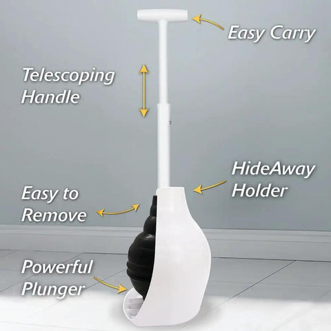 Top Tier Beehive Styled Toilet Plunger With Durable Fifteen Inch Grip And Six Inch Rubber Suction Cup Ships With Neat Wall Rack.