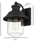 Outdoor Wall Lantern 1-Light Exterior Matte Black Sconce With Clear Glass Cylinder Shade, shown with dimensions