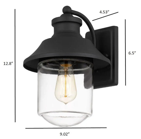 Outdoor Wall Lantern 1-Light Exterior Matte Black Sconce With Clear Glass Cylinder Shade, shown with dimensions