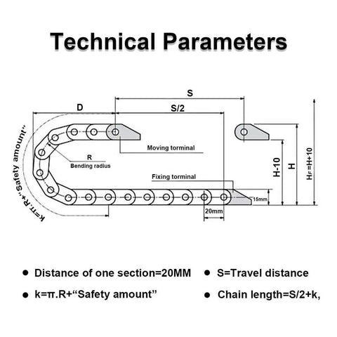 Technical parameters diagram for Beefy Black Nylon PA66 Cable Drag Chain 10x15mm Inner Height By Width, 1 Meter Length