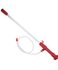 Mop Up Backyard Flooding Like A Pro With This Portable Cordless Stick Water Transfer Pump with red handle and long tube.