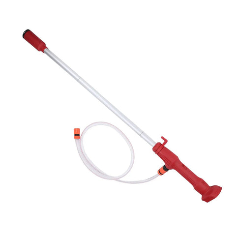 Mop Up Backyard Flooding Like A Pro With This Portable Cordless Stick Water Transfer Pump with red handle and long tube.