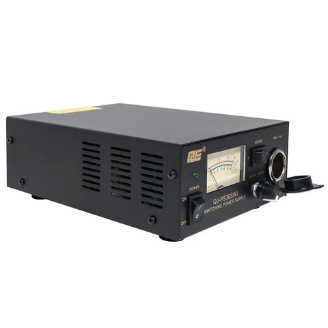 Beefy 13.8V 30A DC Power Supply for Radios. Black unit with cigarette plug and power meter on the front panel.