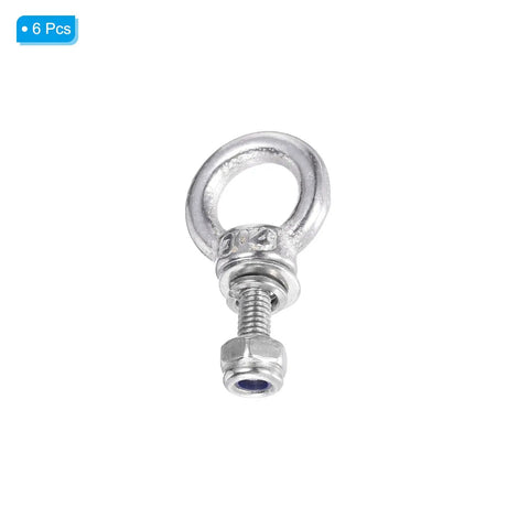 Premium Heavy Duty M3 x 9mm Lifting Shoulder Eye Bolt Set 304 Stainless Steel Six Piece Kit Includes Nuts Flat Washers And Security Plates close-up view of a single eyebolt.