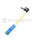 Brake pad wear sensor assembly with blue connector and two yellow wires, black sensor head.