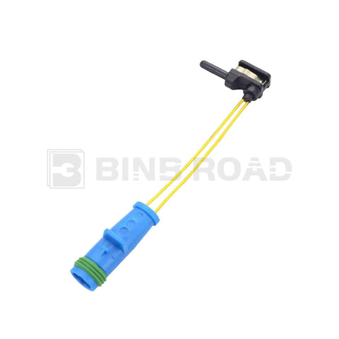 Brake pad wear sensor assembly with blue connector and two yellow wires, black sensor head.