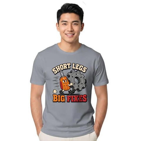 Classic Cool Stubby Screwdriver T-Shirt For DIY Engineers With Short Legs Big Fixes Humor visible on a man wearing a gray tee.