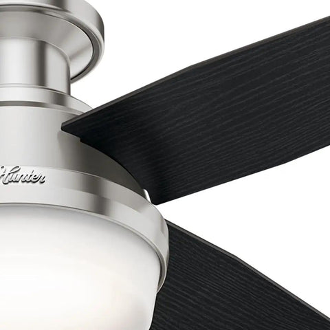 Close-up of 44 Inch Indoor Ceiling Fan With LED Light And Remote Control Dope Low Profile Flush Mount Brushed Nickel With 4 Black Oak Blades