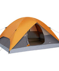 No-Fuss Dome Camping Tent For Two With Rainfly Carry Bag And Free-Standing Design For Hiking And Backpacking 3-Season Water-Resistant Portable Orange And Grey showing side entrance