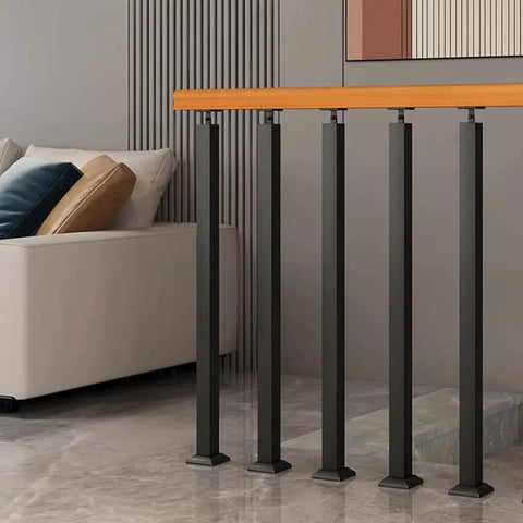 Black Wrought Iron Stair Baluster With 270 Degree Adjustable Bracket, Rock Solid Square Railing Post For Deck And Indoor Steps, Plug And Play Front Mount on a modern interior.