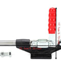 Horizontal Push Pull Toggle Clamp Killer Grip Quick Release Heavy Duty Workshop Fixture With Flange Mount with red handle and measurements.