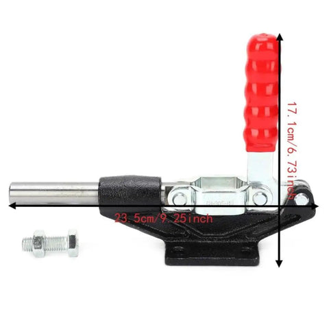 Horizontal Push Pull Toggle Clamp Killer Grip Quick Release Heavy Duty Workshop Fixture With Flange Mount with red handle and measurements.