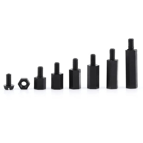 Long Lasting Nylon Standoff Spacer Kit With Male And Female Threads, Anti Signal Interference Hex Pillars For Circuit Board Mounting, No Slip Design, 250 Pc Bulk Pack Includes Nuts And Screws, Great For Chip Thermal Channels. Black nylon PCB standoffs in assorted lengths