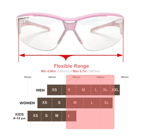 Super Flexible Lightweight Anti Fog Wrap Around Safety Glasses With Scratch Resistant Lenses ANSI Z87.1 size chart